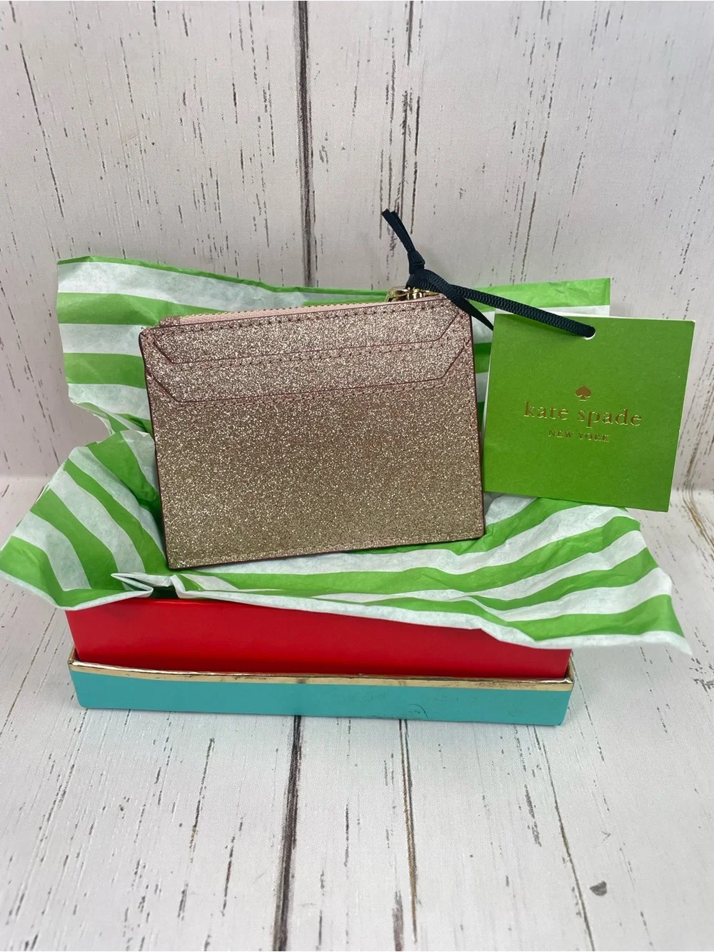 Kate Spade New York Burgess Court Lalena Card Holder *Rose Gold Glitter *NWT